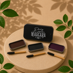 Traditionele Cake Mascara – Authentieke Formule in Houtskool Zwart, Plum & Natuurlijk Bruin